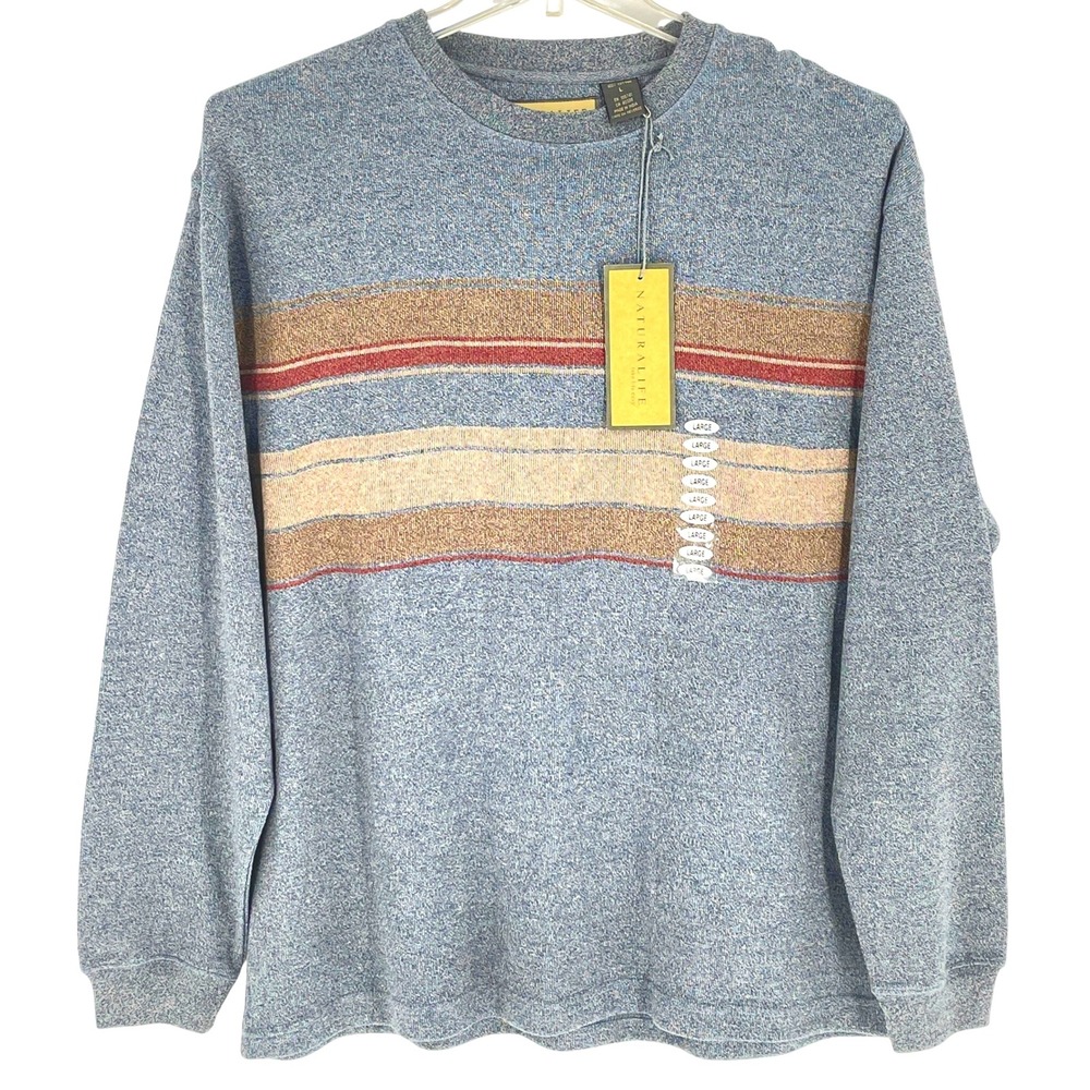 NWT Naturalife Men's Long‎ Sleeve Blue Slate Striped Crew Neck Sweater Top Large